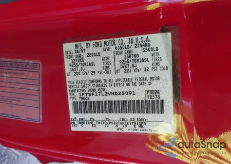 1997 Ford F-150 Lariat/Standard/Xl/Xlt z USA, uszkodzony, nr VIN 1FTEF17L2VND25091